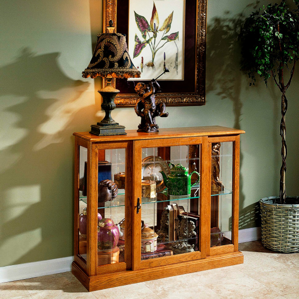 6715 Lighted 1 Shelf Console Display Cabinet in Golden Oak Brown