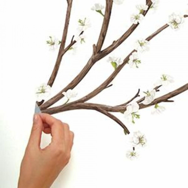 RMK3201GM White Blossom Branch Peel And Stick Giant Wall Decals W/ Flower Embellishments