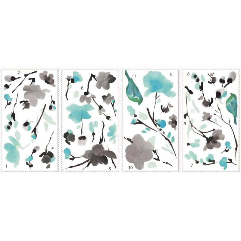 RMK2687SCS Blossom Watercolor Bird Branch Peel And Stick Wall Decals