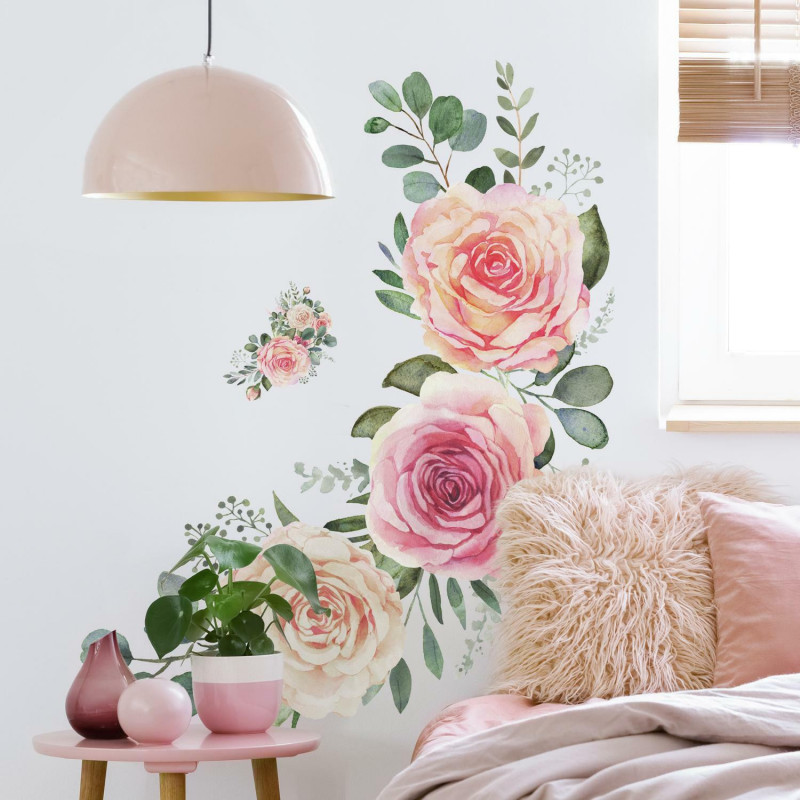 RMK4305SLM Pink Roses Peel And Stick Giant Wall Decals