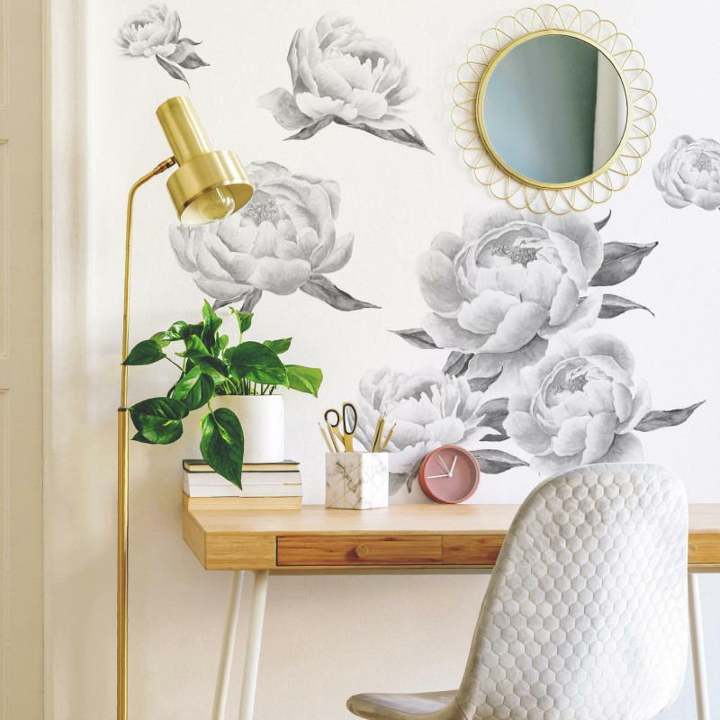 RMK4413GM Black Peonies Peel And Stick Giant Wall Decals