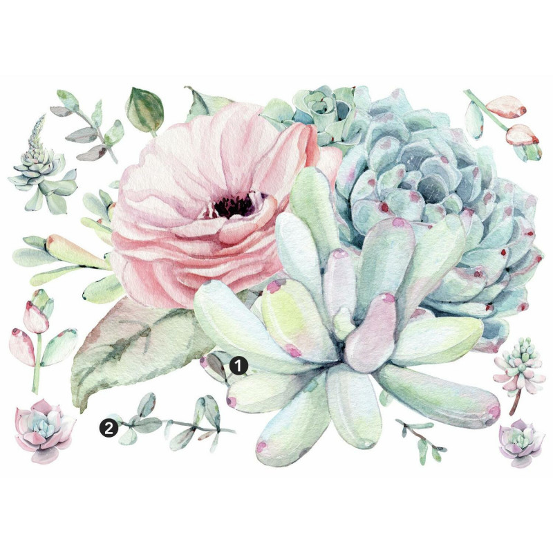 RMK4538TBM Watercolor Floral Succulents Peel And Stick Giant Wall Decals