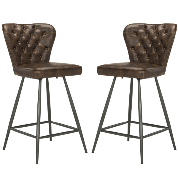 FOX1702A-SET2 Ashby 26"H Mid Century Modern Leather Tufted Swivel Counter Stool (Set of 2)