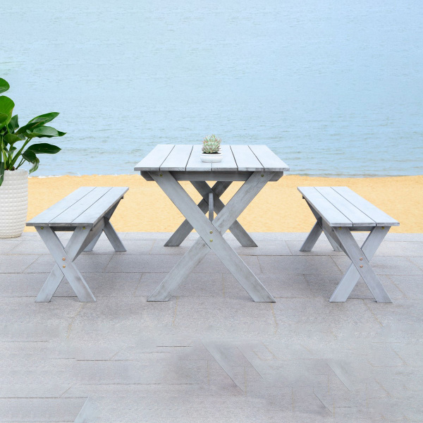 PAT7021B Marina 3 Piece Dining Set With 63-Inch L Table And 2 Backless Benches