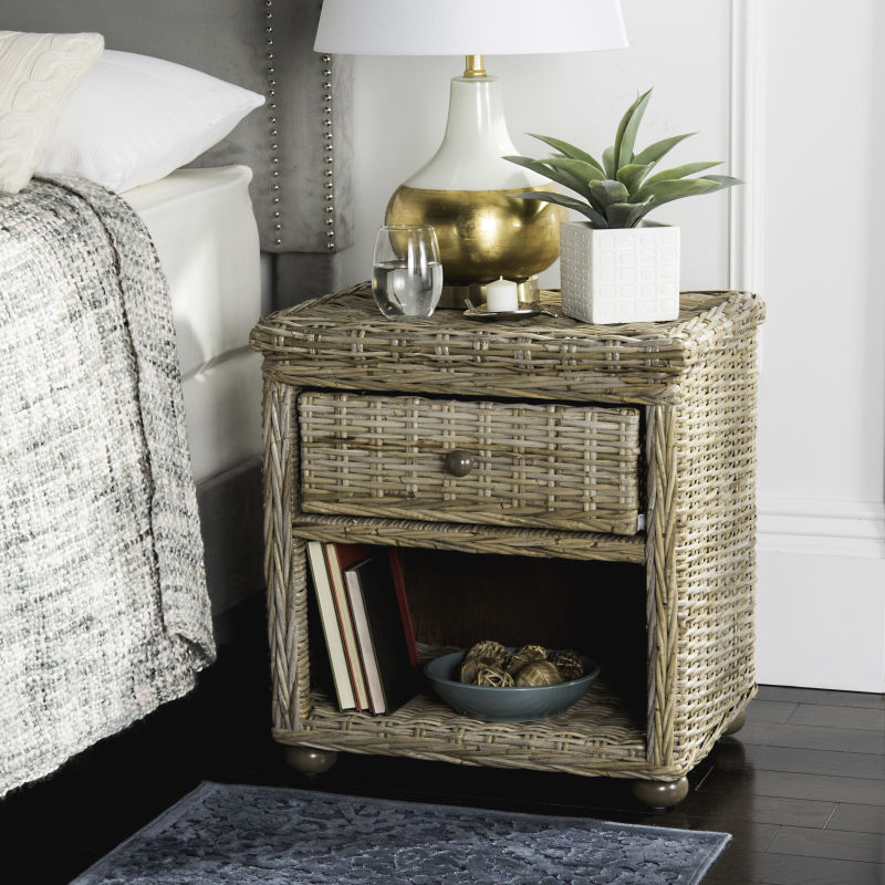 SEA8000A Lagos Natural Grey Wicker Nightstand With Drawer And 8"H Storage