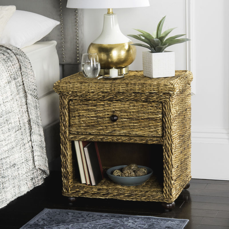 SEA8001A Magi Natural Brown Wicker Nightstand With Drawer And 8 H Storage