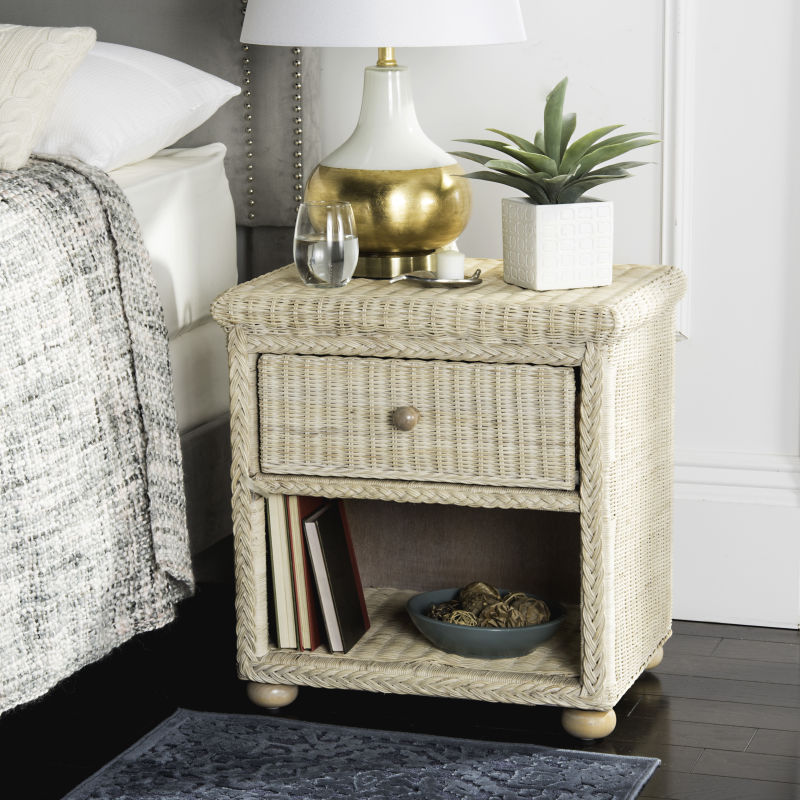 SEA8002A Adira Natural White Wash Wicker Nightstand With Drawer And 8 H Storage