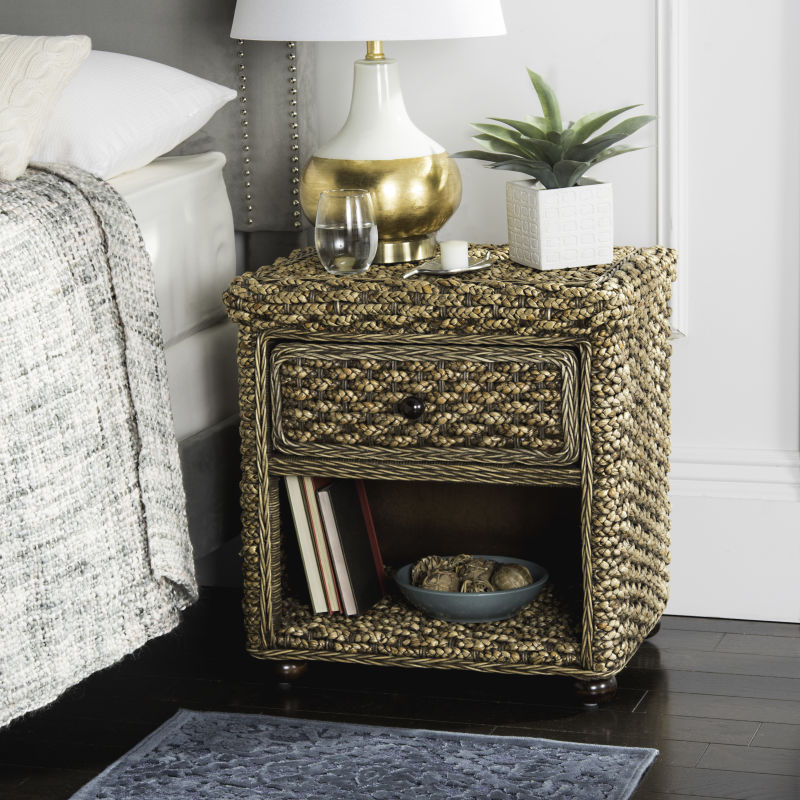 SEA8003A Musa Braided Brown Wash Wicker Nightstand With Drawer And 8 H Storage