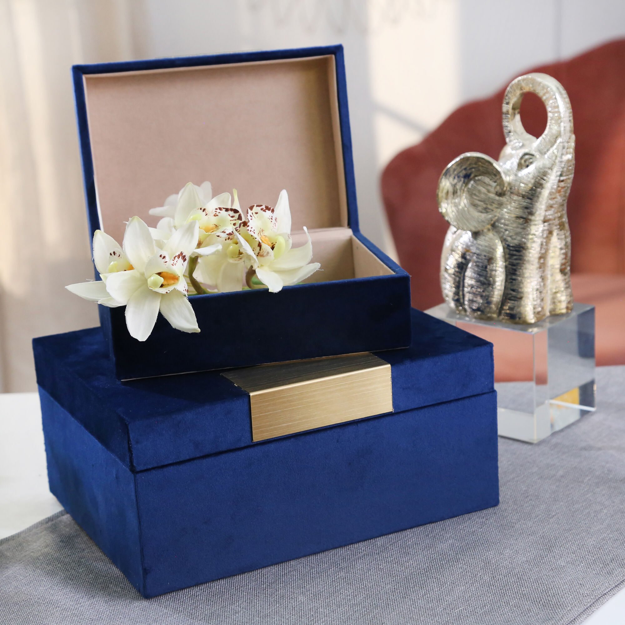 Velveteen Jewelry Box Navy / Gold - Set Of Two in Blue by Sagebrook Home