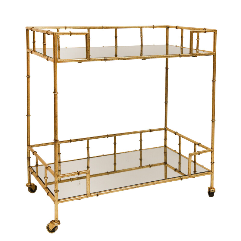 2-Tier Gold Metal Bar Cart Mirrored Top