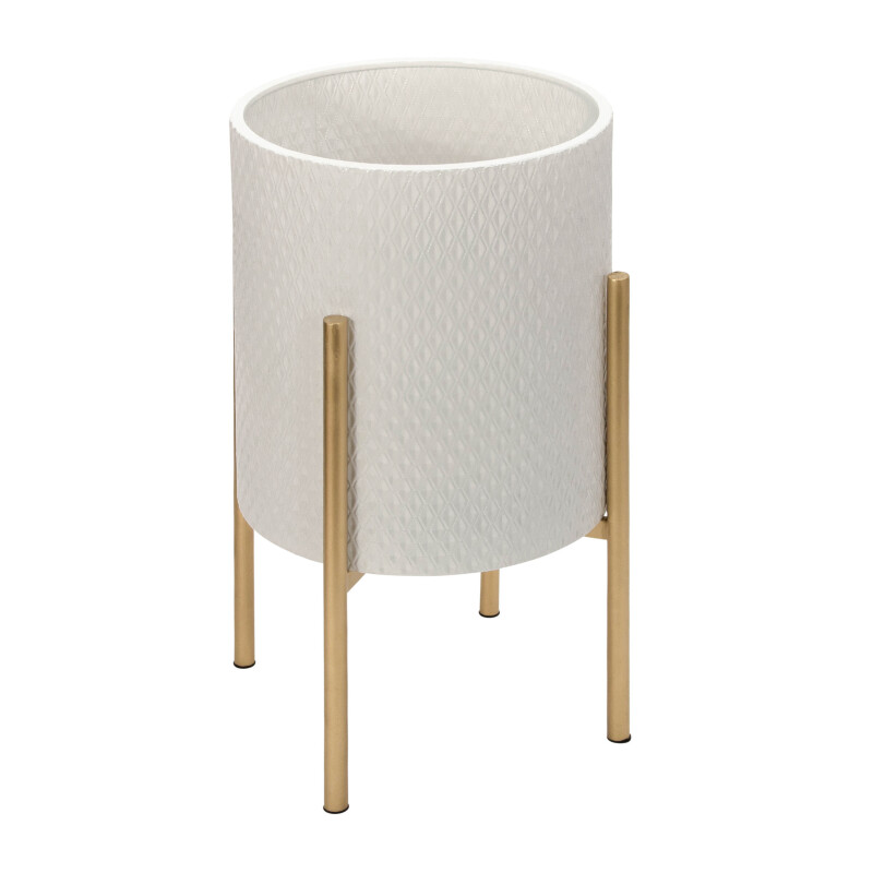 12629 06 White Textured Planter On Metal Stand White Gold Set Of Two 2