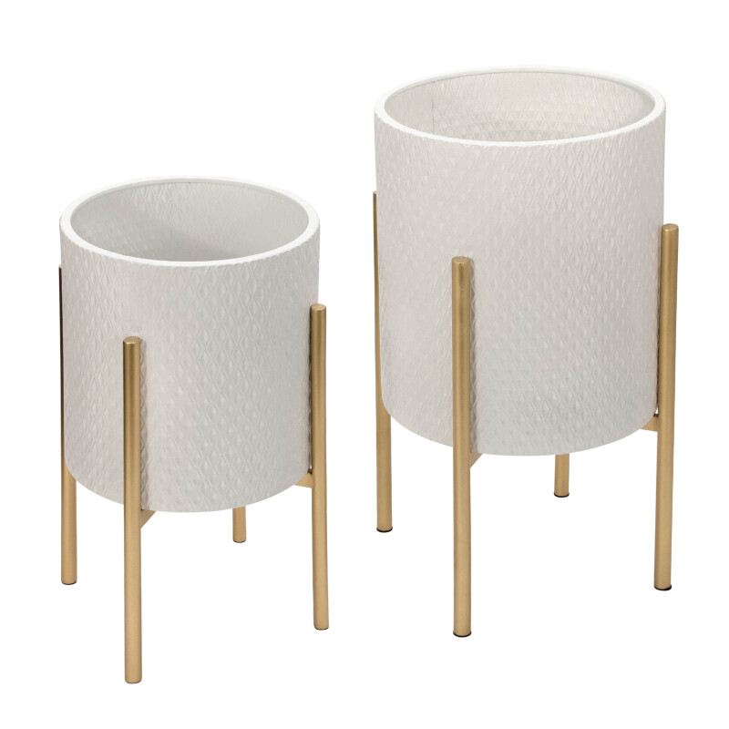 12629-06 Textured Planter On Metal Stand White/Gold - Set Of Two