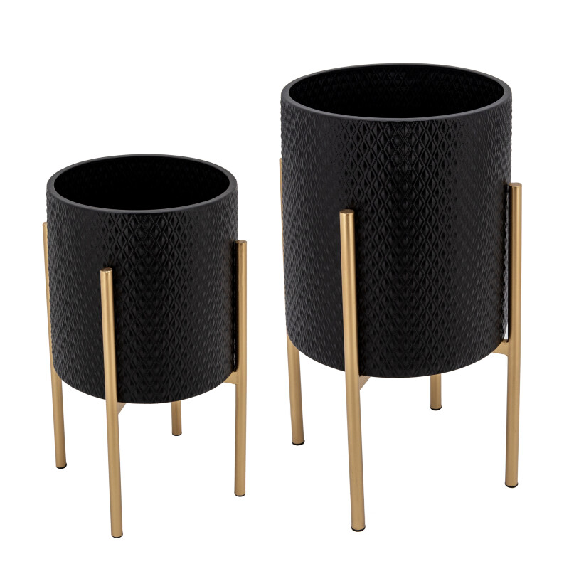 12629-07 Textured Planter On Metalstand Black/Gld - Set Of Two