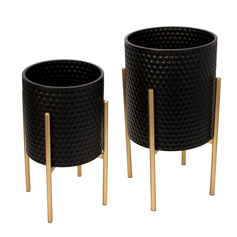 12629-11 Honeycomb Planter On Metalstand Black/Gld - Set Of Two