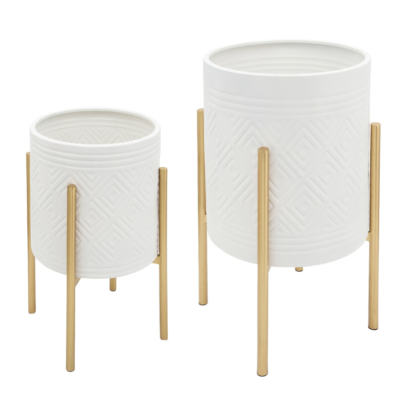 12629-12 Aztec Planter On Metal Stand White/Gold - Set Of Two