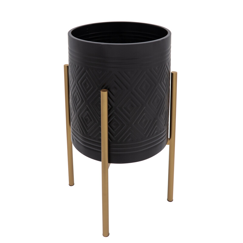12629 13 Black Aztec Planter On Metal Stand Black Gold Set Of Two 2