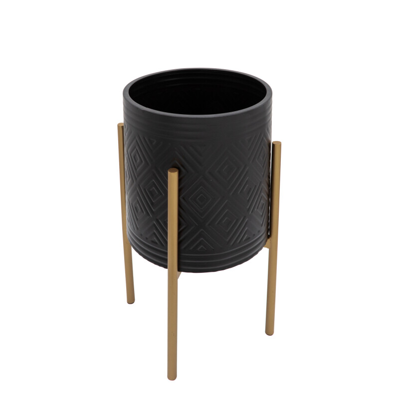 12629 13 Black Aztec Planter On Metal Stand Black Gold Set Of Two 3