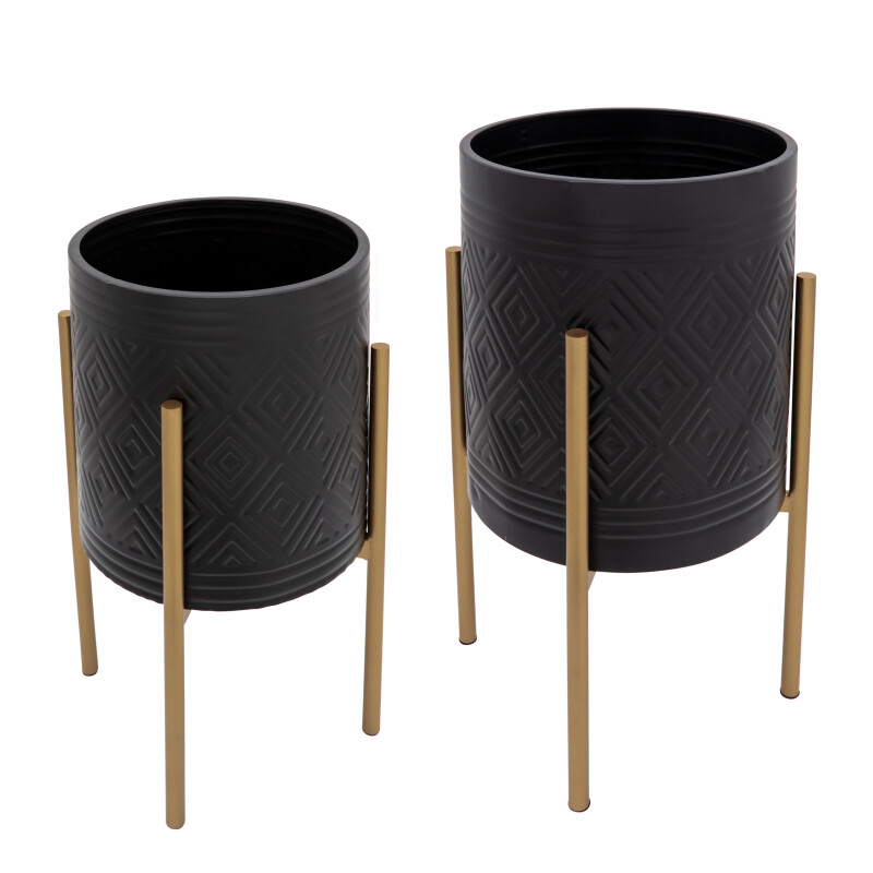 12629-13 Aztec Planter On Metal Stand Black/Gold - Set Of Two