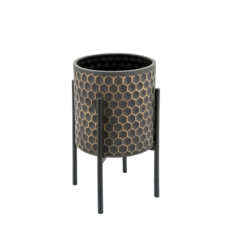 12629 20 Black 3d Honeycomb Planter On Metal Stand Blk Gld Set Of Two 3