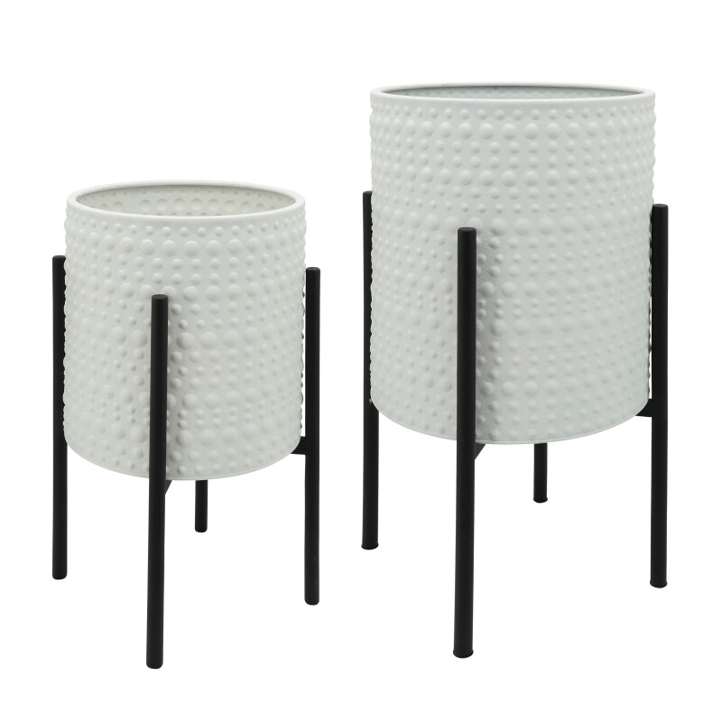 12629-24 Dotted Planters In Metal Stand White - Set Of Two