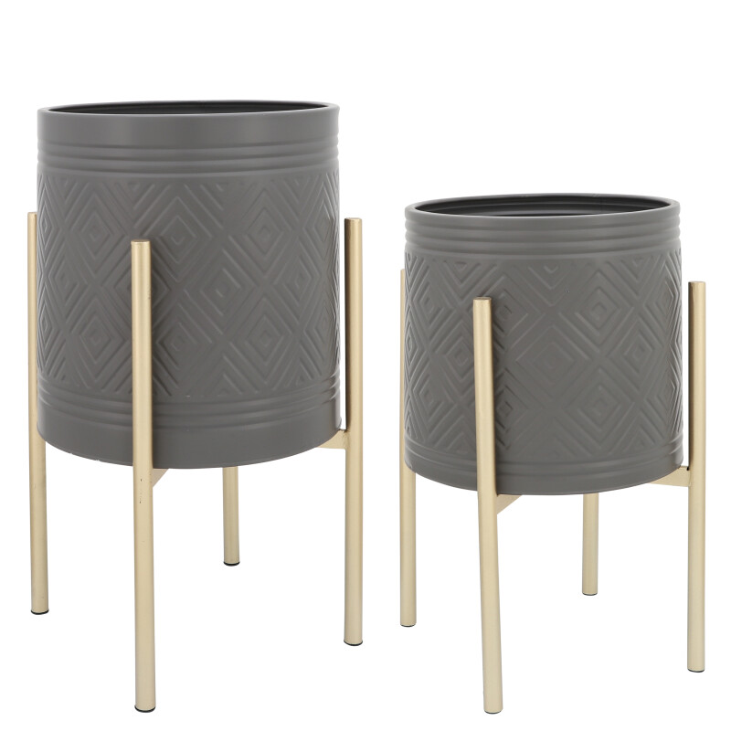 12629-34 Aztec Planter On Metal Stand Gray/Gold - Set Of Two