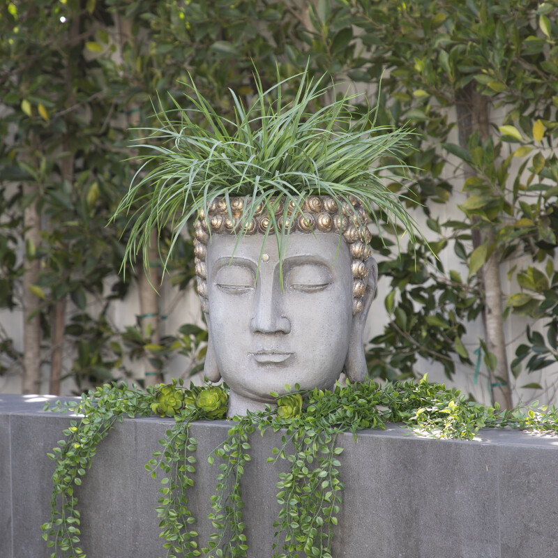 13029 08 Gold Resin Buddha Head Flower Pot Gray Gold 11