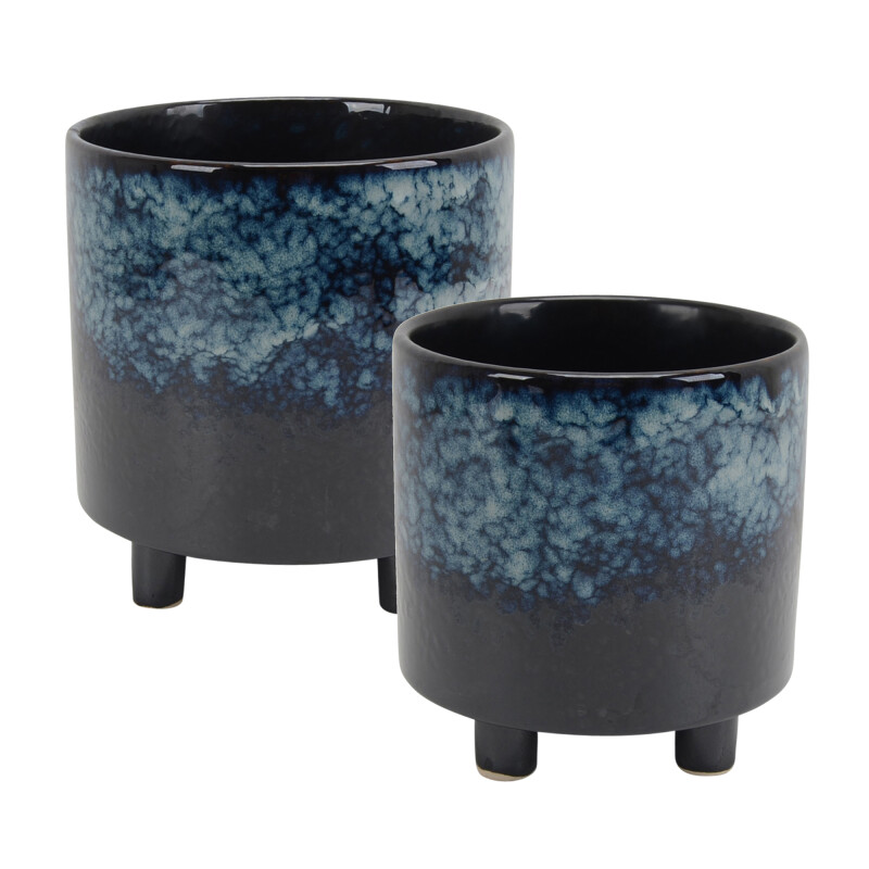 13870-04 Ceramic Footed Planters 9 Inch/6 Inch Blue - Set Of Two