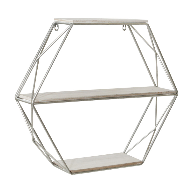 Metal/Wood 3 Tier Hexagon Wall Shelf White/Silver