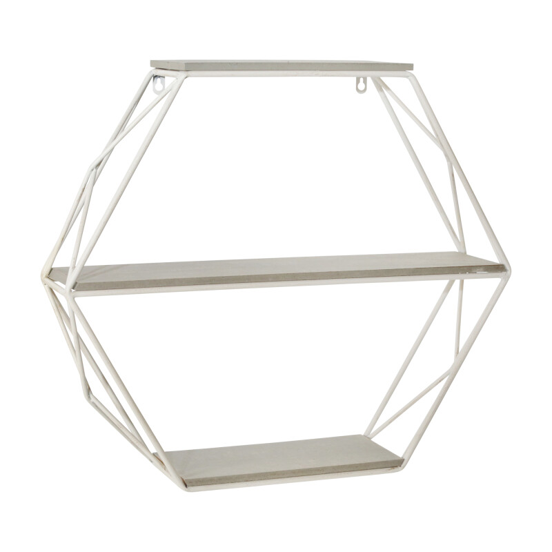 13884-07 Metal/Wood 3 Tier Hexagon Wall Shelf Gray/White
