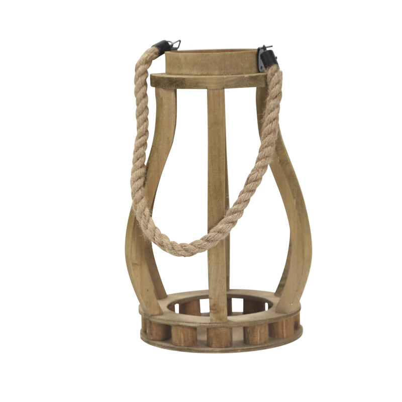 14096 02 Brown Wood 13.75 Inch Lantern With Ropehandle Brown 2