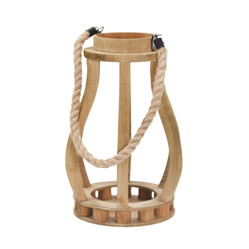 14096-02 Wood 13.75 Inch Lantern With Ropehandle Brown
