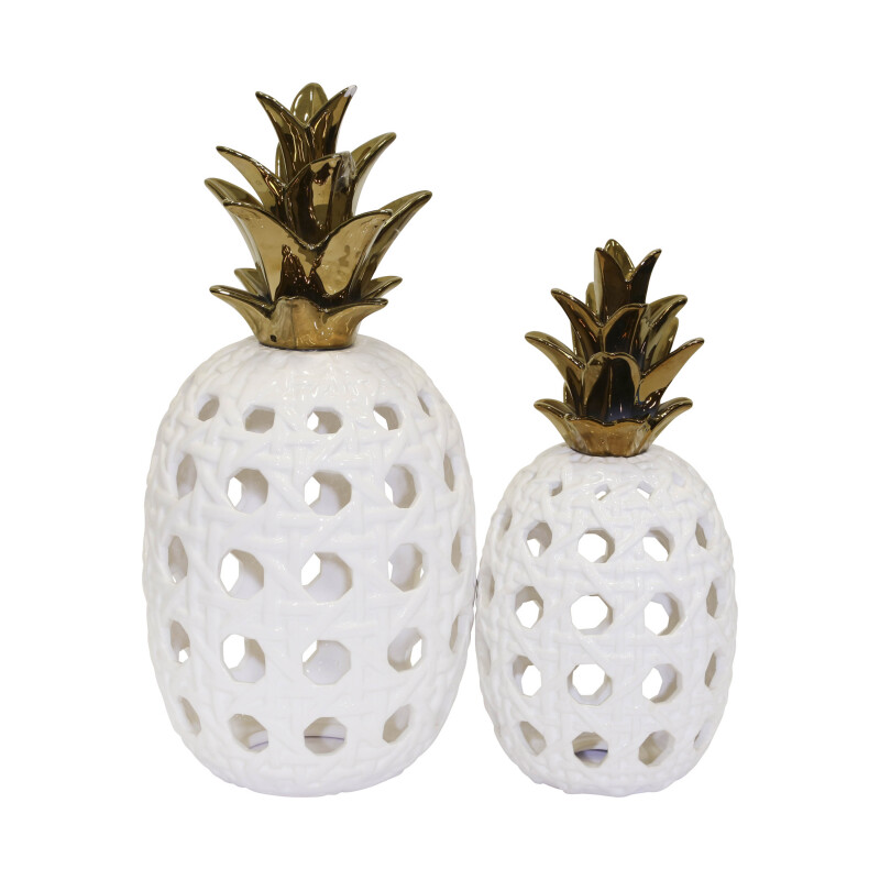 14458 01 White Ceramic 16 Inch Lattice Weave Pineapple White Gold 2