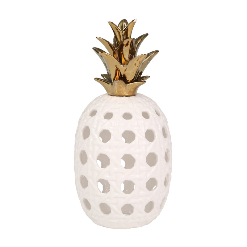 14458-01 Ceramic 16 Inch Lattice Weave Pineapple White / Gold