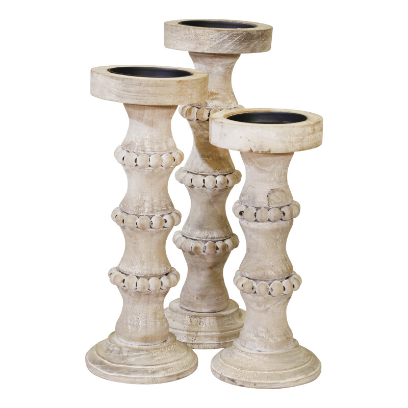 14498 02 Ivory Beige Wooden 13 Inch Antique Style Candle Holder 2