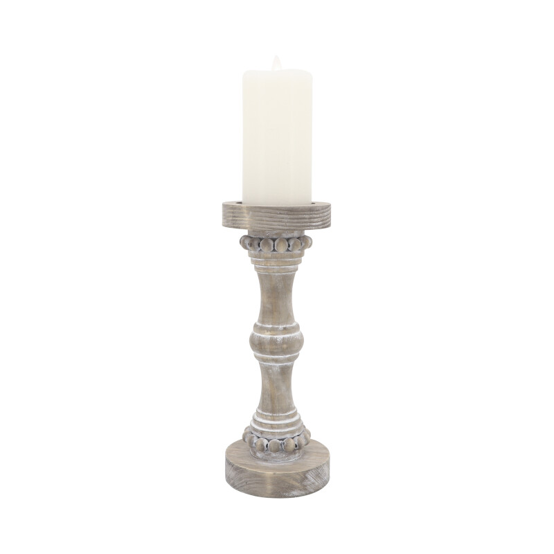 14498-11 Antique White Wood 13 Inch Banded Bead Candle Holder