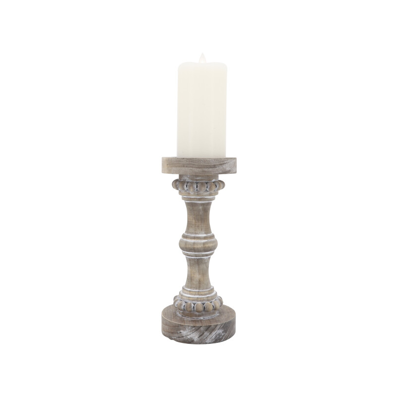 14498-12 Antique White Wood 11 Inch Banded Bead Candle Holder