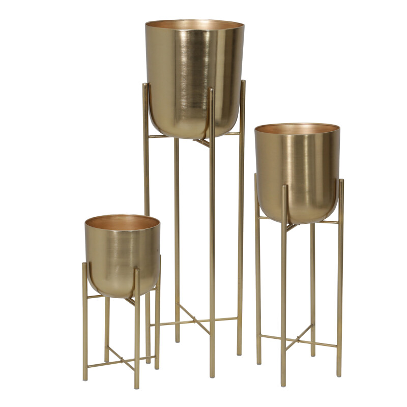 14630 Gold Metal Planters On Stand 40 30 20 Inch Gold Set Of Three