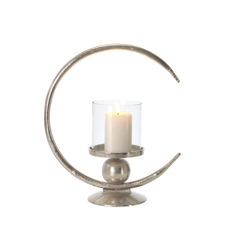 14817-02 Aluminum 17 Inch Ring Candle Holder W/Glass Silver