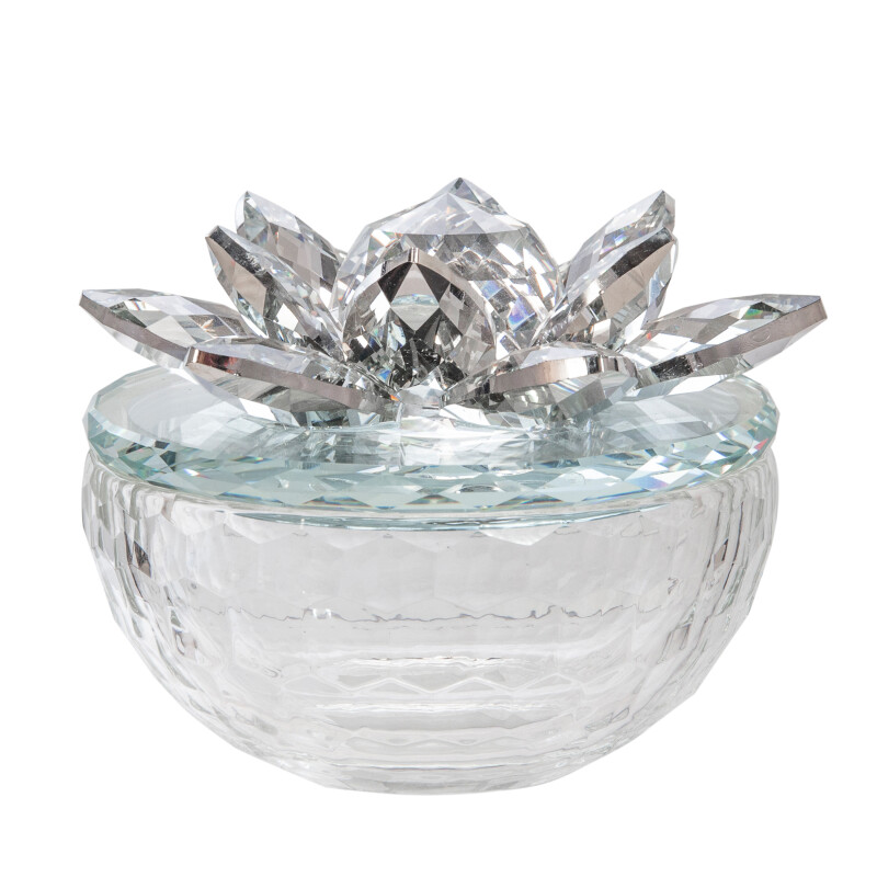 14856-02 Crystal Lotus 5 Inch Trinket Jar Silver