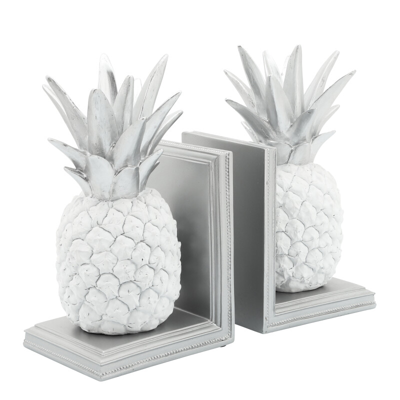 Polyresin 10 Inch Pineapple Bookends White/Silver - Set Of Two