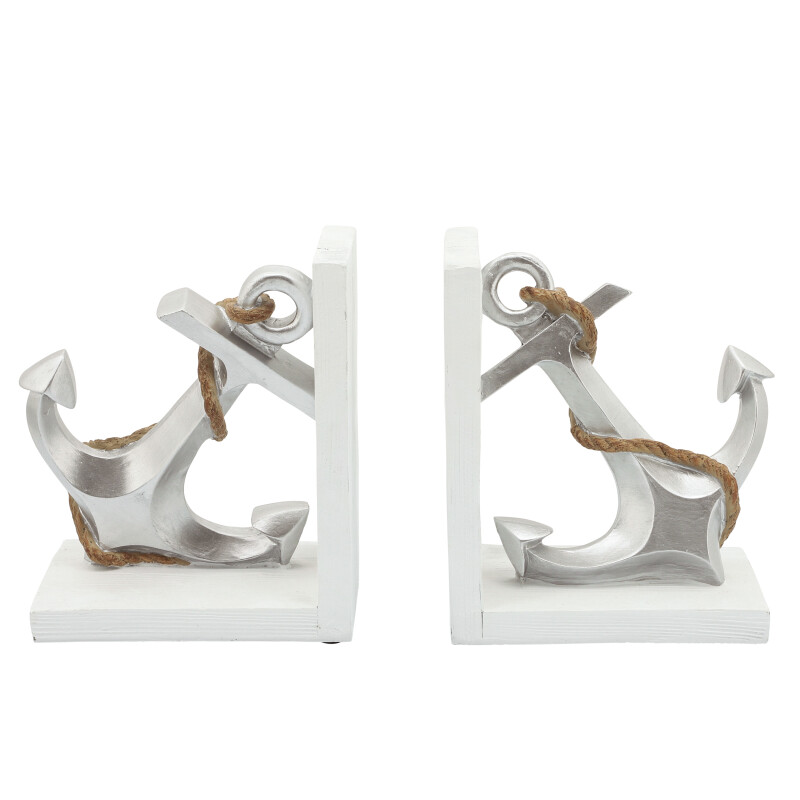 14965 Silver Polyresin 7 Inch Anchor Bookends Silver White Set Of Two 2