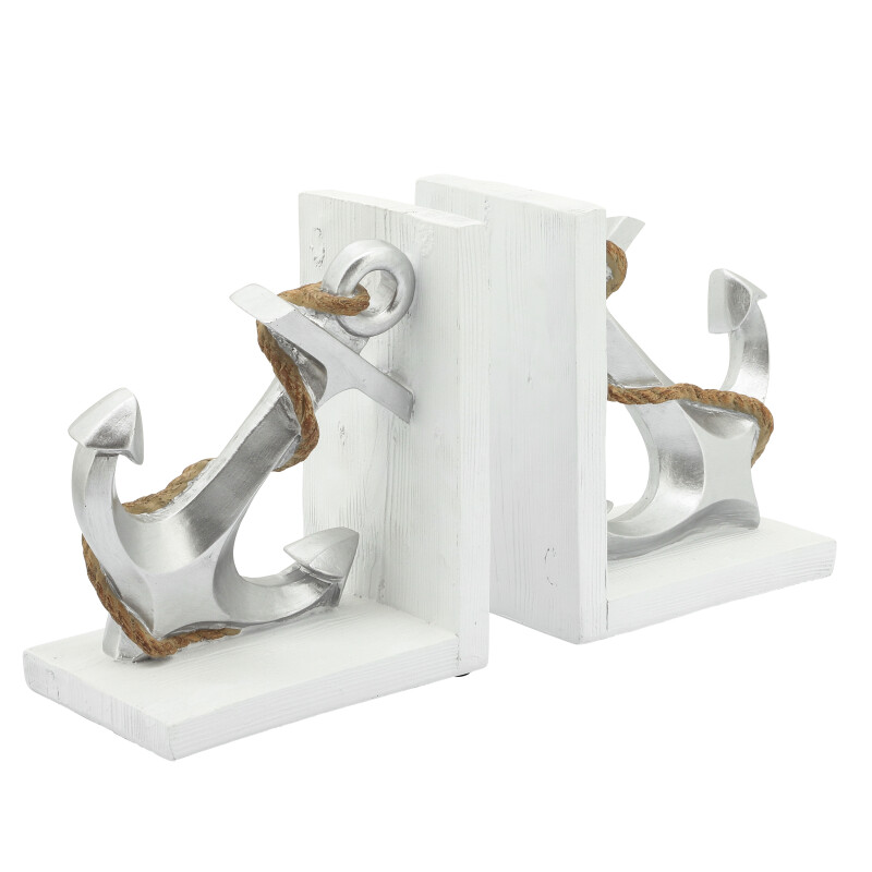14965 Polyresin 7 Inch Anchor Bookends Silver/White - Set Of Two