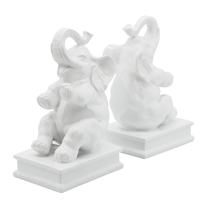 14972 Polyresin 9 Inch Elephant Bookends White - Set Of Two