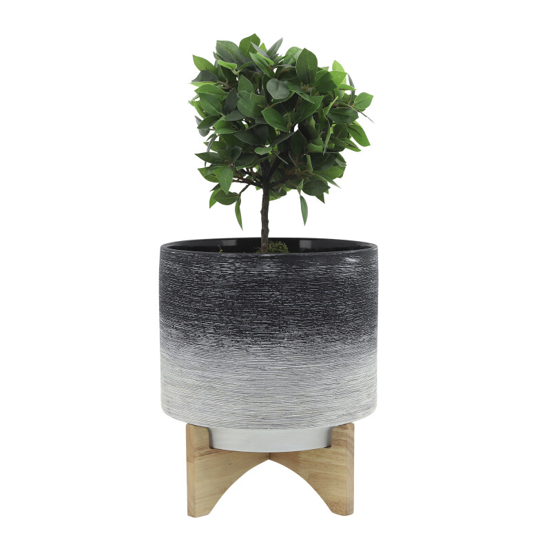 15034-01 Ceramic 10 Inch Planter On Wooden Stand Gray