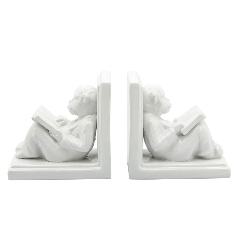 15080 Ceramic 7 Inch Reading Monkey Bookends White - Set Of Two