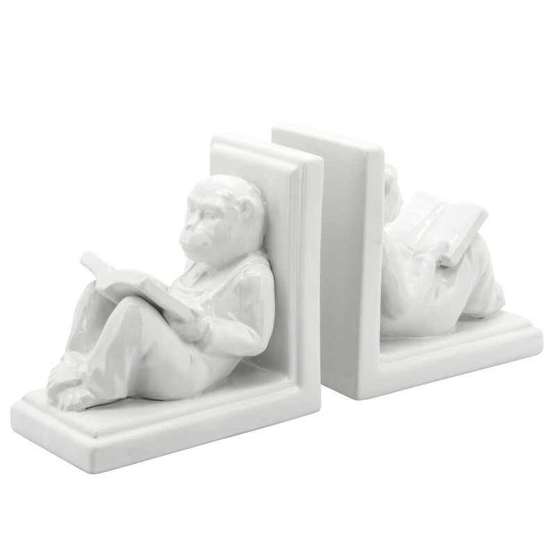 Ceramic 7 Inch Reading Monkey Bookends White - Set Of Two