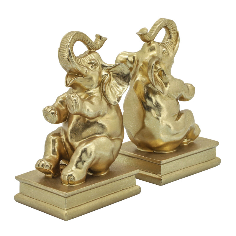 15089 Polyresin Elephant Bookends Gold - Set Of Two