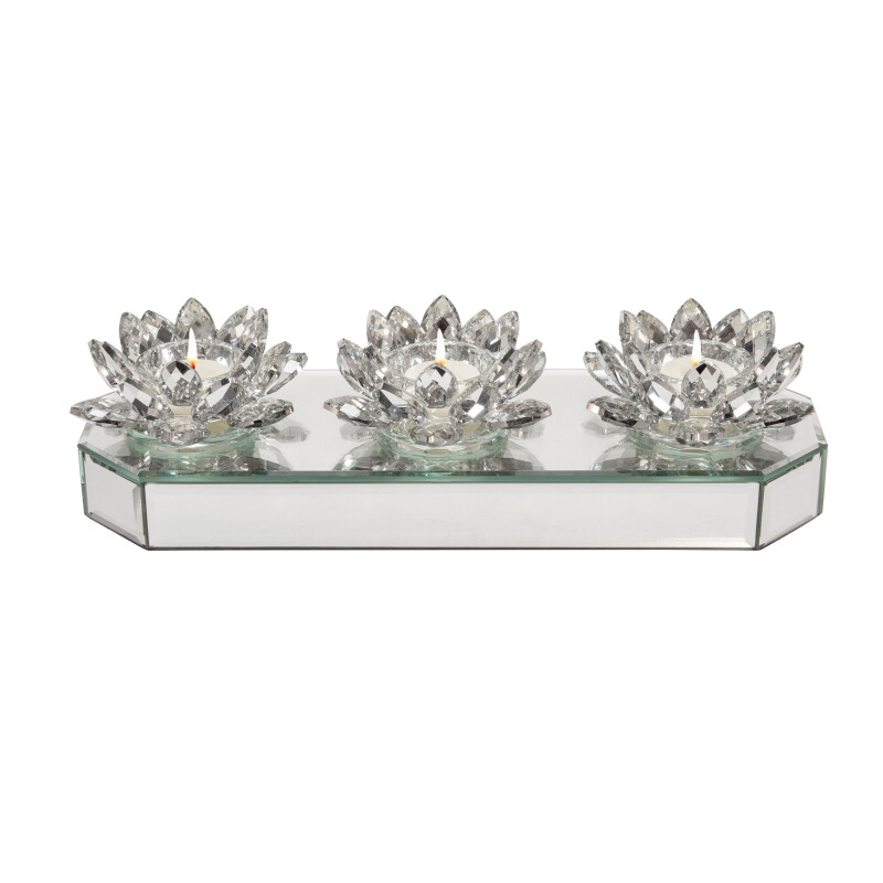 15379-01 Glass 13 Inch 3 Lotus Mirrored Candle Holder Silver