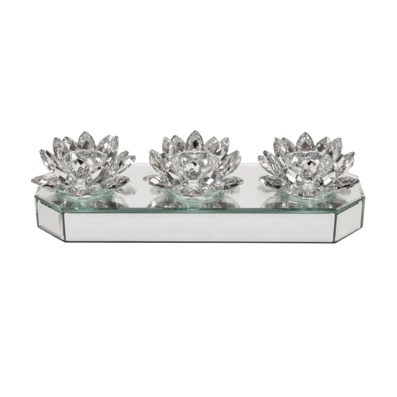 15379 01 Silver Glass 13 Inch 3 Lotus Mirrored Candle Holder Silver 4