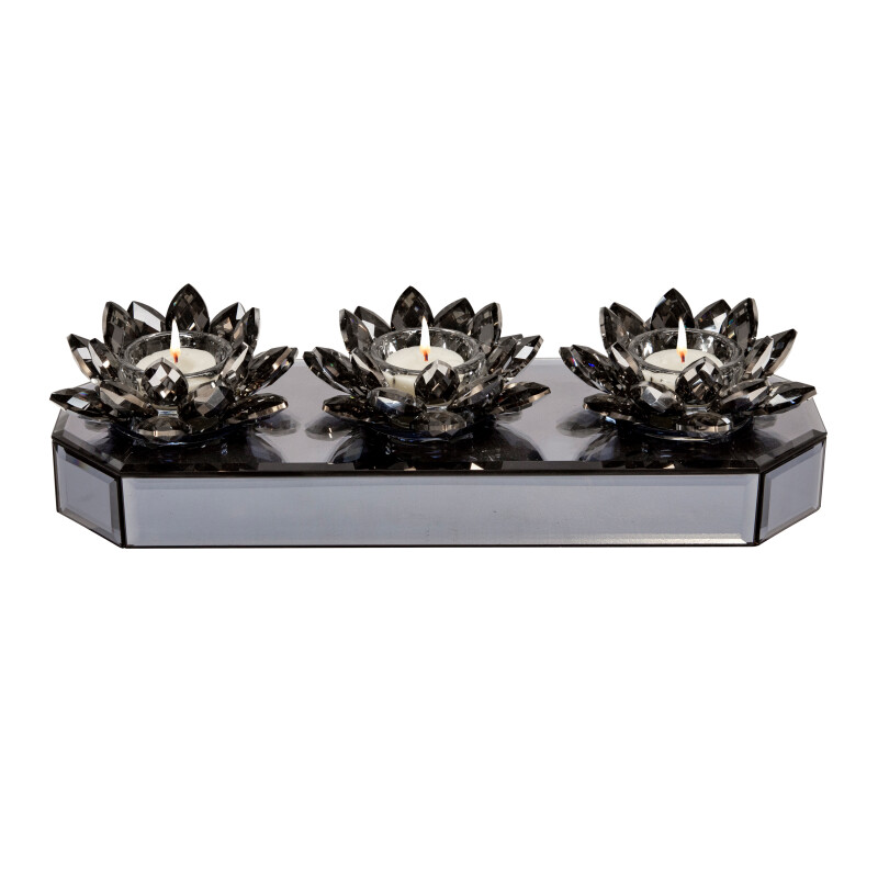 15379-02 Glass 13 Inch 3 Lotus Mirrored Candle Holder Black